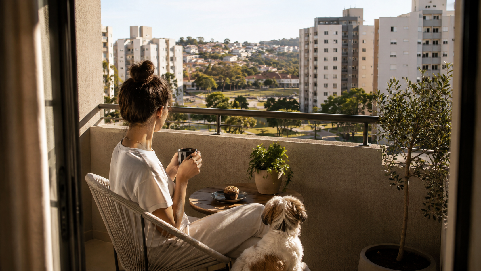 Moradora com seu cachorro na varanda, com vista para o bairro