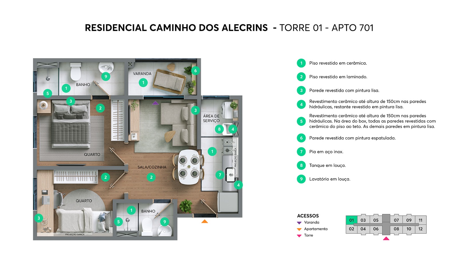 Planta do apartamento de 2 dormitórios com 1 suíte e varanda, 44,58 m²