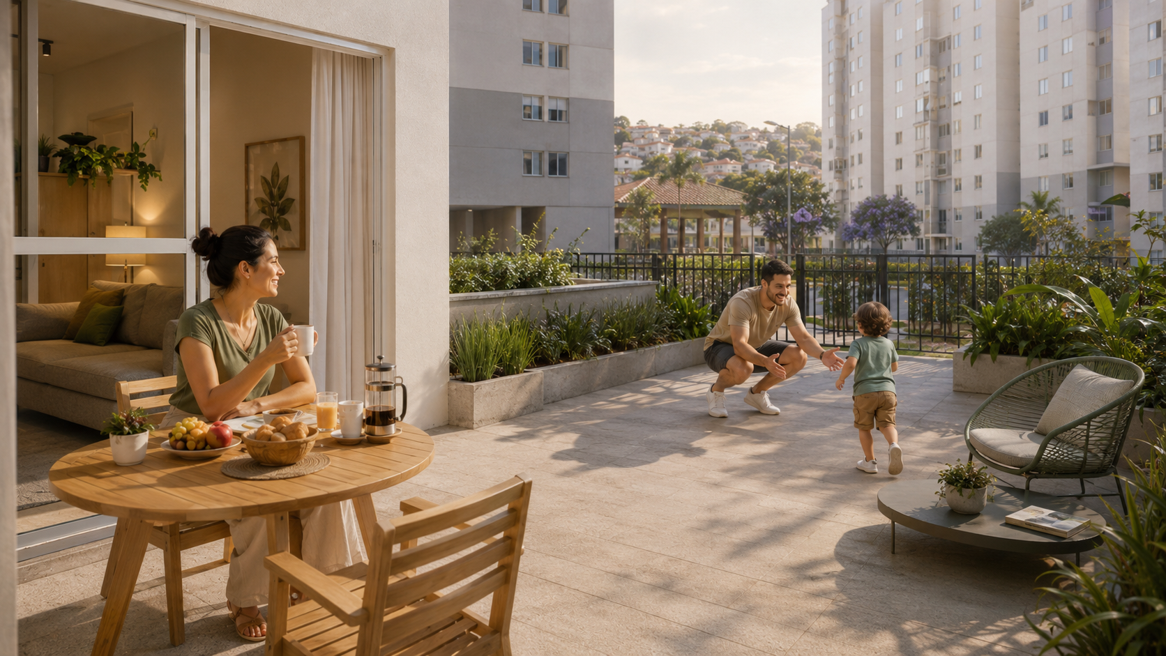 Família na área privativa do apartamento garden, com criança correndo no gramado