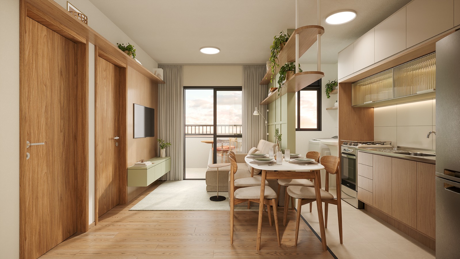Sala e cozinha integrada com piso em todos os ambientes